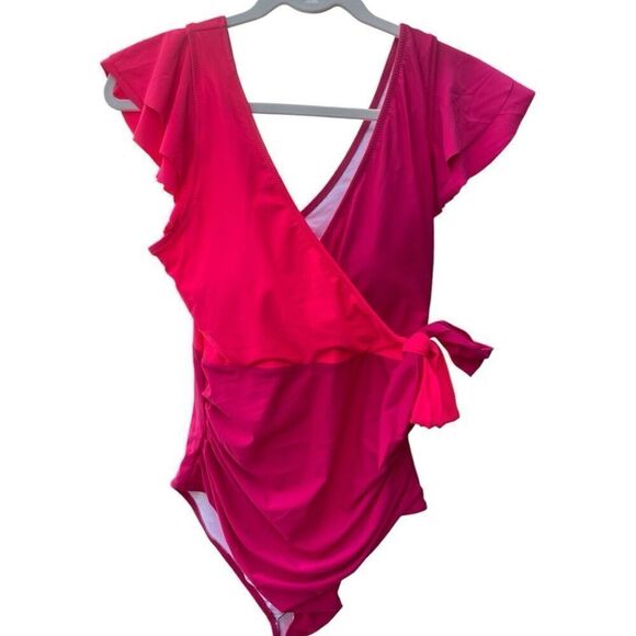 Blooming Jolly Red Pink Flutter Sleeve One Piece Swimsuit Size Large NWT - Picture 1 of 5